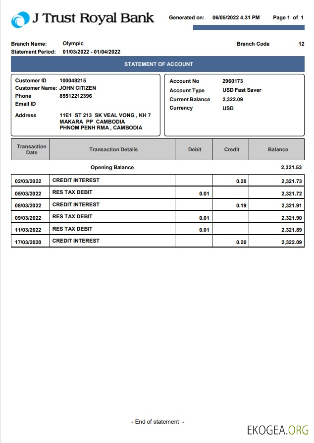 Relevé bancaire Cambodge J Trust Royal